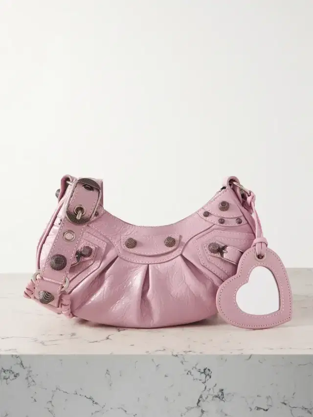 Le Cagole Xs Studded Crinkled-leather Shoulder Bag