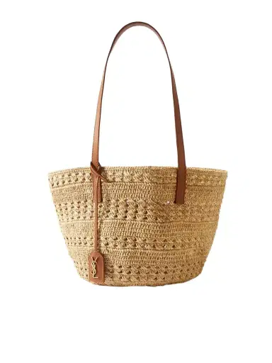 Saint Laurent Panier Small Leather-trimmed Raffia Tote | Thumbnail 1