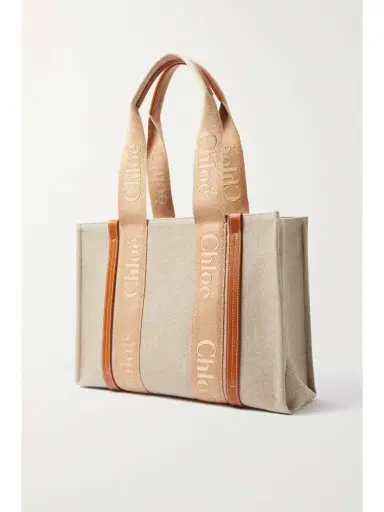 Chloé Woody Medium Leather And Webbing-trimmed Linen Tote | Thumbnail 3 Chloé Woody Medium Leather And Webbing-trimmed Linen Tote | Thumbnail 3