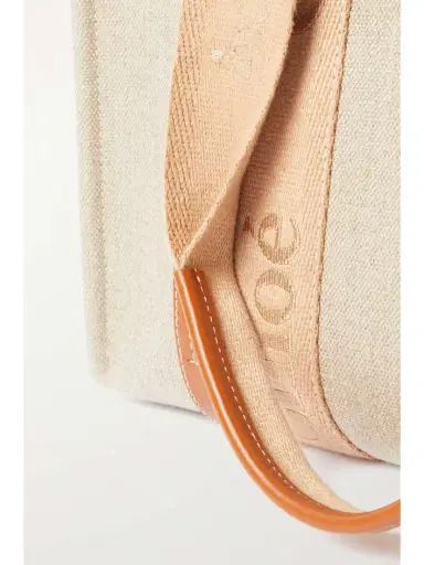 Chloé Woody Medium Leather And Webbing-trimmed Linen Tote | Thumbnail 4 Chloé Woody Medium Leather And Webbing-trimmed Linen Tote | Thumbnail 4