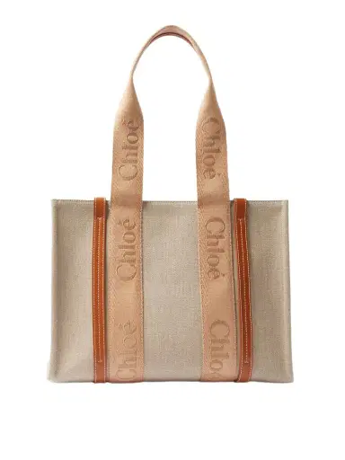 Chloé Woody Medium Leather And Webbing-trimmed Linen Tote | Thumbnail 1 Chloé Woody Medium Leather And Webbing-trimmed Linen Tote | Thumbnail 1
