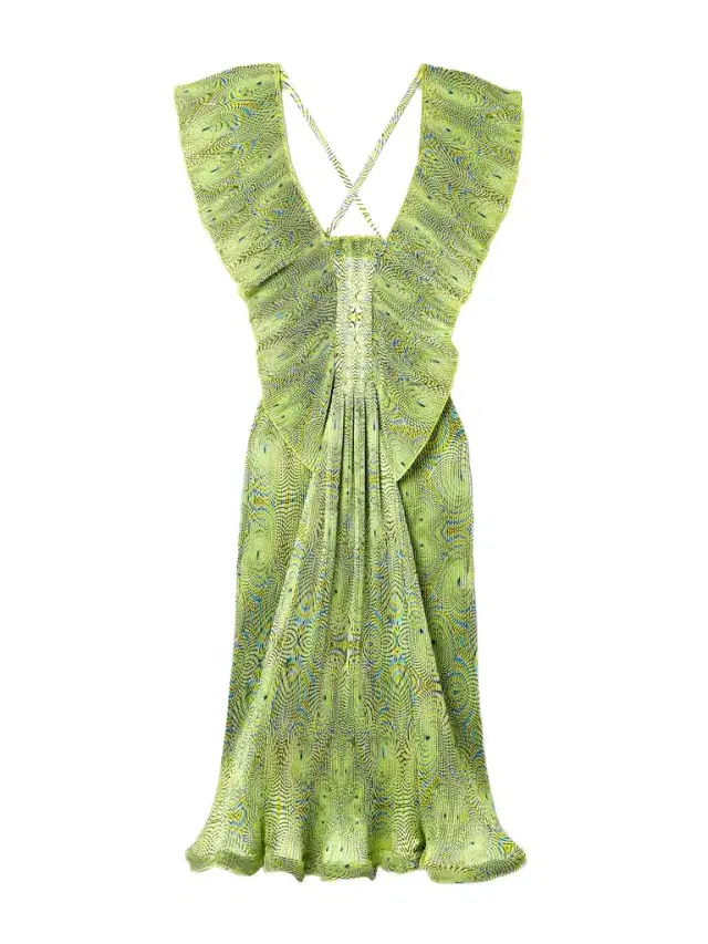 Ruffled Printed Plissé-satin Midi Dress - Yellow Ruffled Printed Plissé-satin Midi Dress - Yellow