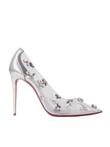 Christian Louboutin Degraqueen 100 Metallic Leather And Crystal-embellished Pvc Pumps - Silver | Thumbnail 1