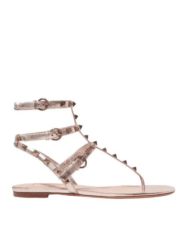 Rockstud Metallic Leather Sandals - Gold