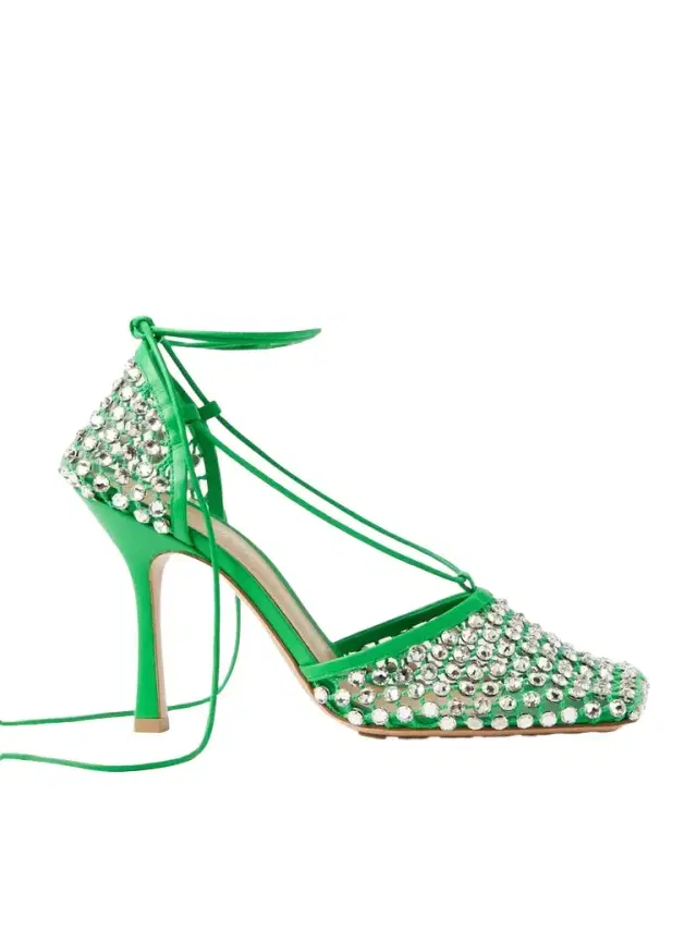 Leather-trimmed Crystal-embellished Mesh Pumps - Green