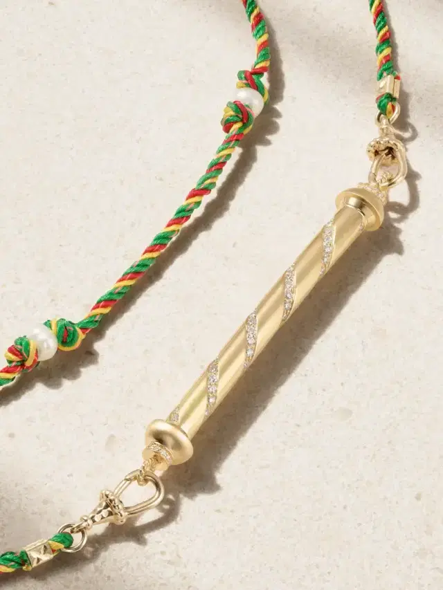 Candy Cane 18-karat Gold, Cord, Pearl And Diamond Necklace