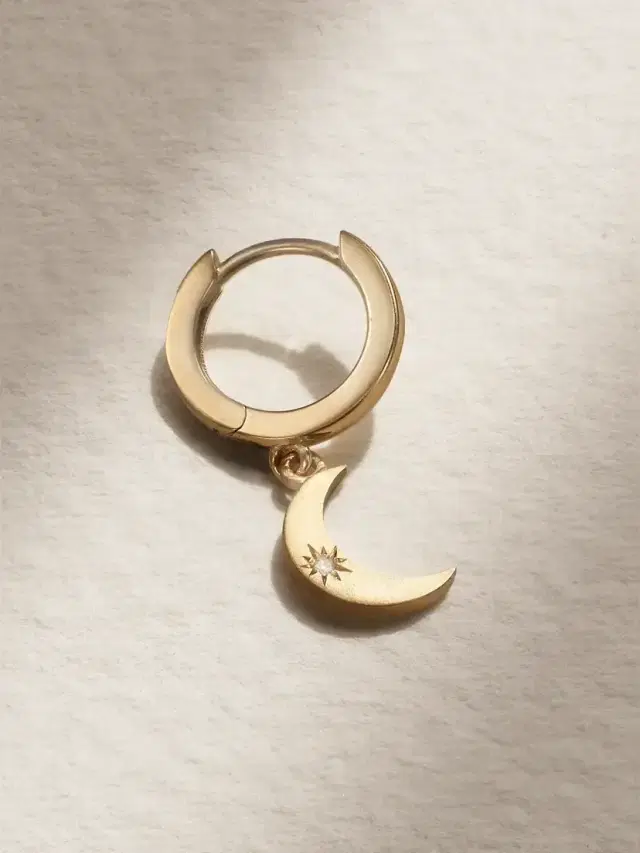 Mini Crescent Moon 14-karat Gold Diamond Single Hoop Earring