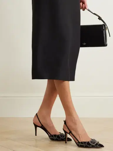 Valentino Garavani Vlogo 40 Leather-trimmed Embellished Satin Slingback Pumps | Thumbnail 2 Valentino Garavani Vlogo 40 Leather-trimmed Embellished Satin Slingback Pumps | Thumbnail 2
