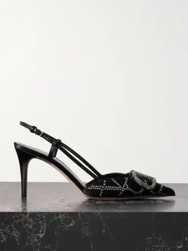 Valentino Garavani Vlogo 40 Leather-trimmed Embellished Satin Slingback Pumps | Thumbnail 1 Valentino Garavani Vlogo 40 Leather-trimmed Embellished Satin Slingback Pumps | Thumbnail 1