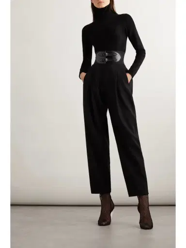 Alaïa Belted Pleated Leather-trimmed Wool-blend Tapered Pants | Thumbnail 2 Alaïa Belted Pleated Leather-trimmed Wool-blend Tapered Pants | Thumbnail 2