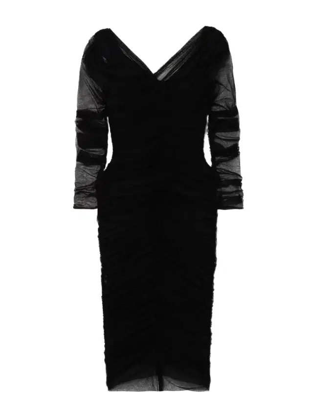 Off-the-shoulder Ruched Stretch Cotton-blend Tulle Midi Dress
