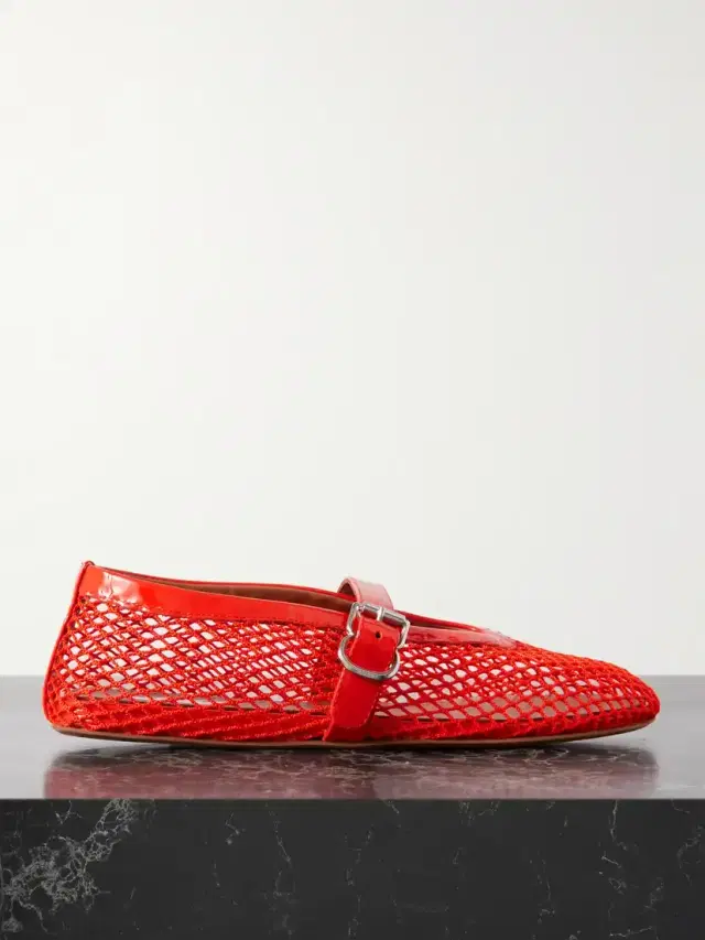 Patent Leather-trimmed Mesh Ballet Flats