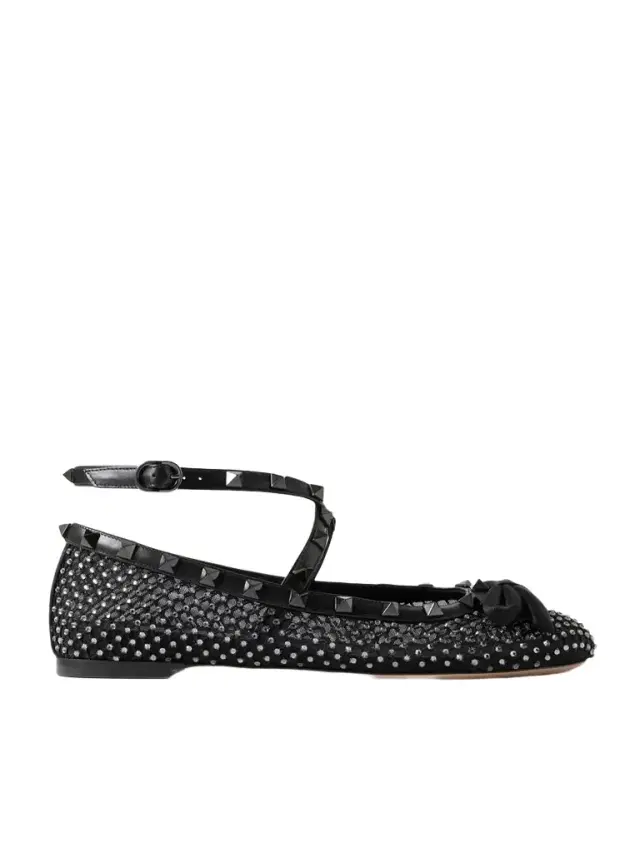 Rockstud Leather And Satin-trimmed Crystal-embellished Tulle Ballet Flats