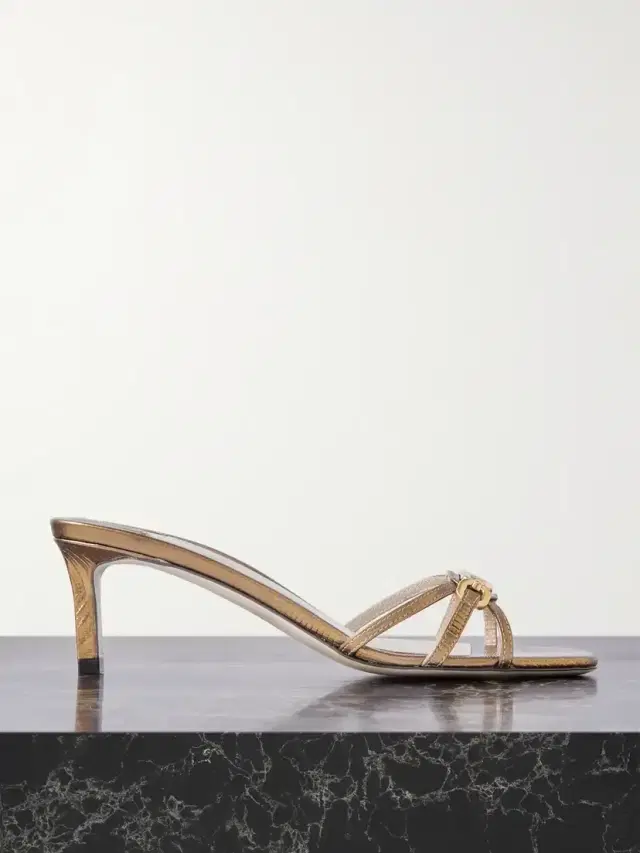 Embellished Lizard-effect Metallic Leather Mules