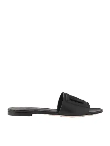 Dolce & Gabbana Bianca Logo-embossed Cutout Leather Slides | Thumbnail 1