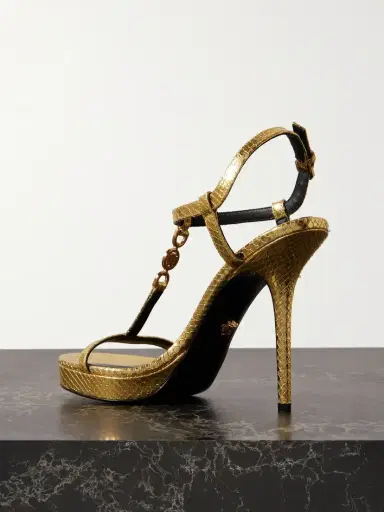 Versace Embellished Metallic Snake-effect Leather Sandals | Thumbnail 3 Versace Embellished Metallic Snake-effect Leather Sandals | Thumbnail 3