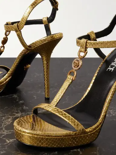 Versace Embellished Metallic Snake-effect Leather Sandals | Thumbnail 4 Versace Embellished Metallic Snake-effect Leather Sandals | Thumbnail 4