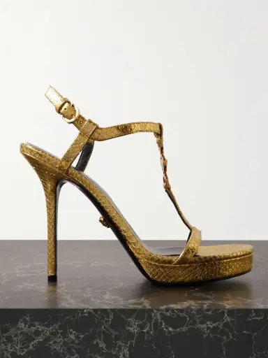 Versace Embellished Metallic Snake-effect Leather Sandals | Thumbnail 1 Versace Embellished Metallic Snake-effect Leather Sandals | Thumbnail 1
