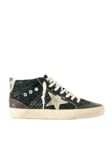 Golden Goose Mid Star Suede And Leather-trimmed Distressed Glittered Faux Leather Sneakers | Thumbnail 1 Golden Goose Mid Star Suede And Leather-trimmed Distressed Glittered Faux Leather Sneakers | Thumbnail 1