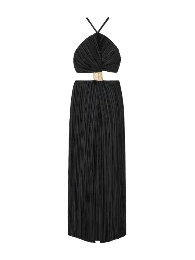 Mitra Embellished Cutout Plissé-satin Halterneck Gown