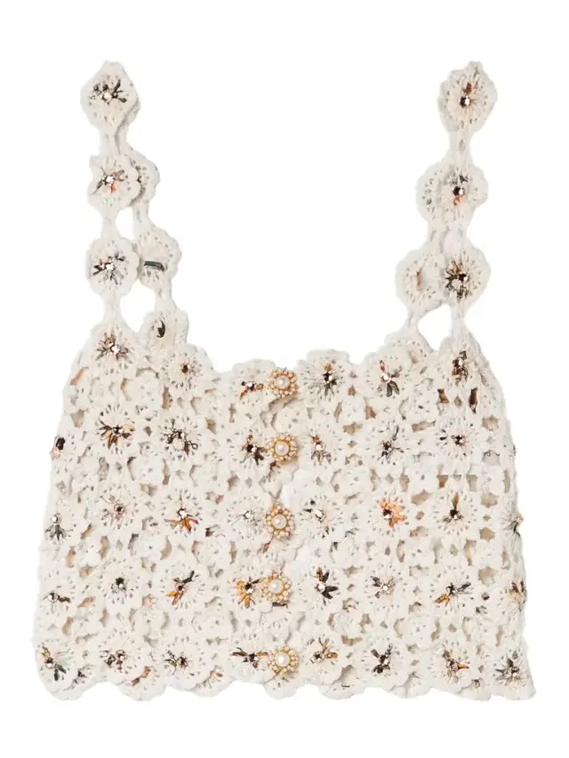 + Net Sustain Zilia Caracola Cropped Embellished Printed Crepe And Crocheted Cotton Top