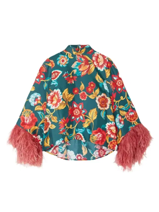 La DoubleJ Make An Exit Feather-trimmed Floral-print Silk-twill Top