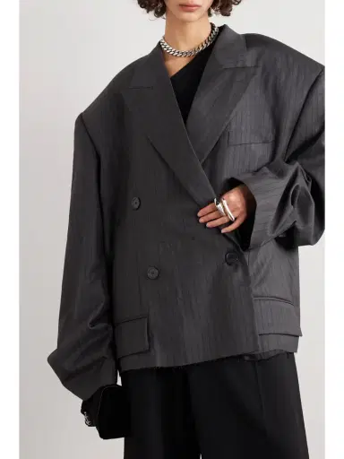 Balenciaga Oversized Double-breasted Distressed Pinstriped Wool Blazer | Thumbnail 3