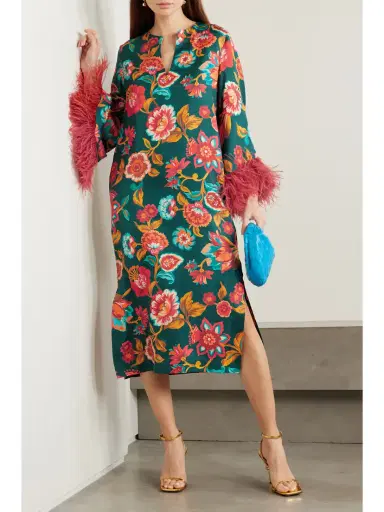 La DoubleJ Feather-trimmed Floral-print Silk-twill Kaftan | Thumbnail 2