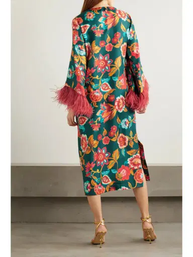 La DoubleJ Feather-trimmed Floral-print Silk-twill Kaftan | Thumbnail 3