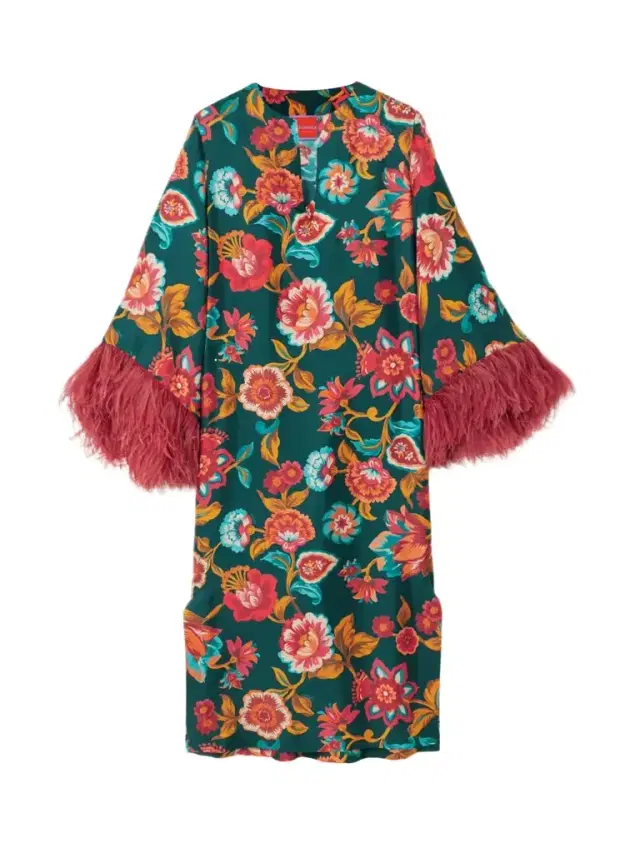 La DoubleJ Feather-trimmed Floral-print Silk-twill Kaftan
