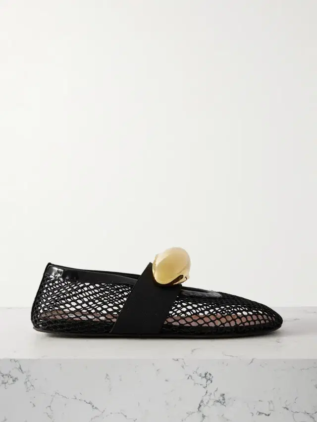 Embellished Patent Leather-trimmed Mesh Ballet Flats