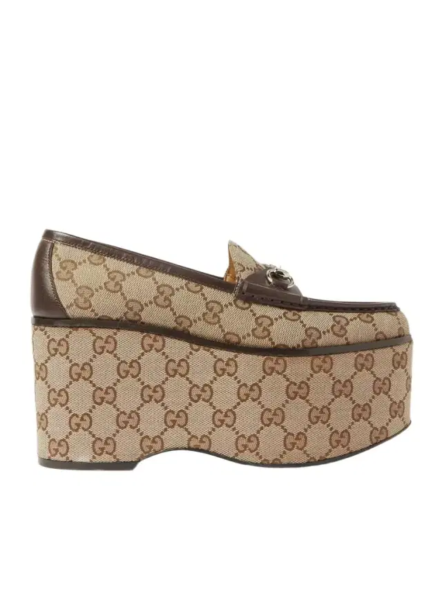 Horsebit Leather-trimmed Canvas-jacquard Platform Loafers