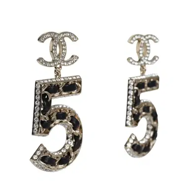 Chanel Chanel Crystal CC No 5 Chain Drop Dangle Earrings Black Leather Light Gold Metal | Thumbnail 2 Chanel Chanel Crystal CC No 5 Chain Drop Dangle Earrings Black Leather Light Gold Metal | Thumbnail 2