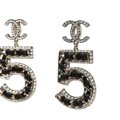 Chanel Chanel Crystal CC No 5 Chain Drop Dangle Earrings Black Leather Light Gold Metal | Thumbnail 3 Chanel Chanel Crystal CC No 5 Chain Drop Dangle Earrings Black Leather Light Gold Metal | Thumbnail 3