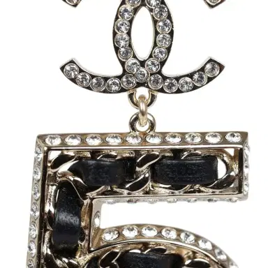 Chanel Chanel Crystal CC No 5 Chain Drop Dangle Earrings Black Leather Light Gold Metal | Thumbnail 4 Chanel Chanel Crystal CC No 5 Chain Drop Dangle Earrings Black Leather Light Gold Metal | Thumbnail 4