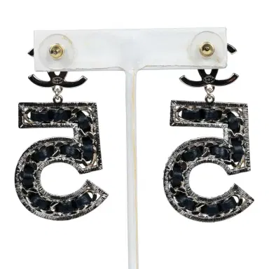 Chanel Chanel Crystal CC No 5 Chain Drop Dangle Earrings Black Leather Light Gold Metal | Thumbnail 5 Chanel Chanel Crystal CC No 5 Chain Drop Dangle Earrings Black Leather Light Gold Metal | Thumbnail 5