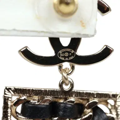 Chanel Chanel Crystal CC No 5 Chain Drop Dangle Earrings Black Leather Light Gold Metal | Thumbnail 6 Chanel Chanel Crystal CC No 5 Chain Drop Dangle Earrings Black Leather Light Gold Metal | Thumbnail 6