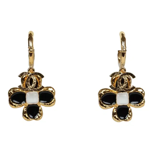 Chanel Chanel Flower Dangle CC Earrings Black Enamel & Gold Metal