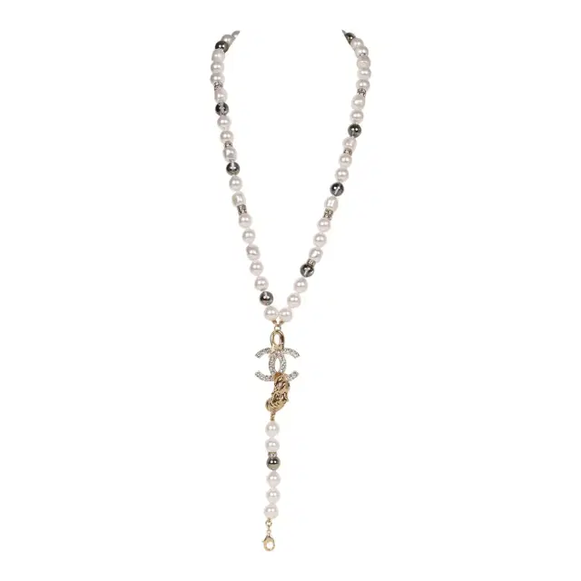 Chanel Chanel Layered Pearl, Gripoix, and Strass Gold Metal Fish Head Logo Necklace