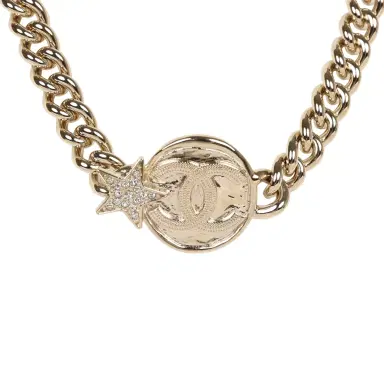 Chanel Chanel Light Gold Tone Wax Seal Logo and Rhinestone Star Necklace | Thumbnail 2