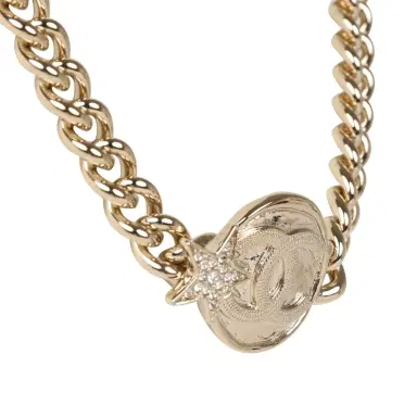 Chanel Chanel Light Gold Tone Wax Seal Logo and Rhinestone Star Necklace | Thumbnail 3