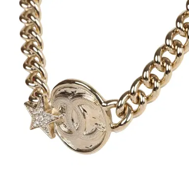 Chanel Chanel Light Gold Tone Wax Seal Logo and Rhinestone Star Necklace | Thumbnail 4