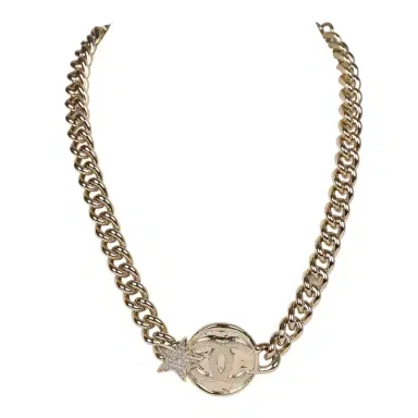 Chanel Chanel Light Gold Tone Wax Seal Logo and Rhinestone Star Necklace | Thumbnail 1