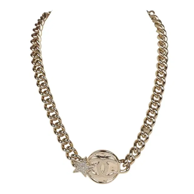 Chanel Chanel Light Gold Tone Wax Seal Logo and Rhinestone Star Necklace