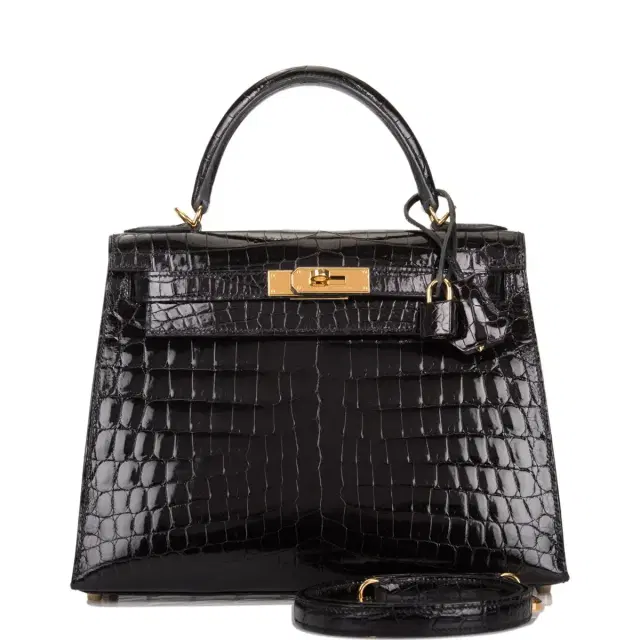 hermes Hermes Black Shiny Niloticus Crocodile Sellier Kelly 28cm Gold Hardware
