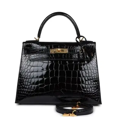 HERMÈS Hermes Kelly Sellier 28 Black Shiny Alligator Gold Hardware | Thumbnail 1