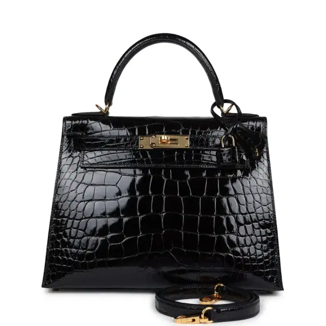 hermes Hermes Kelly Sellier 28 Black Shiny Alligator Gold Hardware