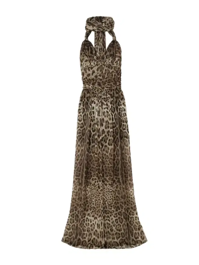 Scarf-detailed Smocked Leopard-print Silk-chiffon Gown