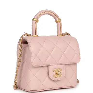 Chanel Chanel Mini Square Top Handle Flap Light Pink Lambskin Antique Gold Hardware | Thumbnail 2