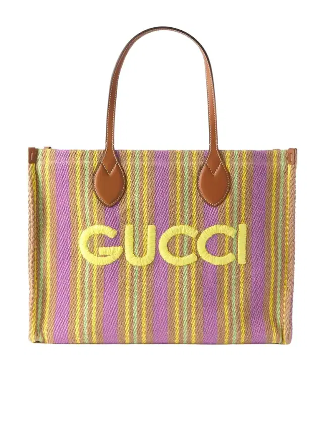 Medium Leather-trimmed Embroidered Striped Raffia Tote